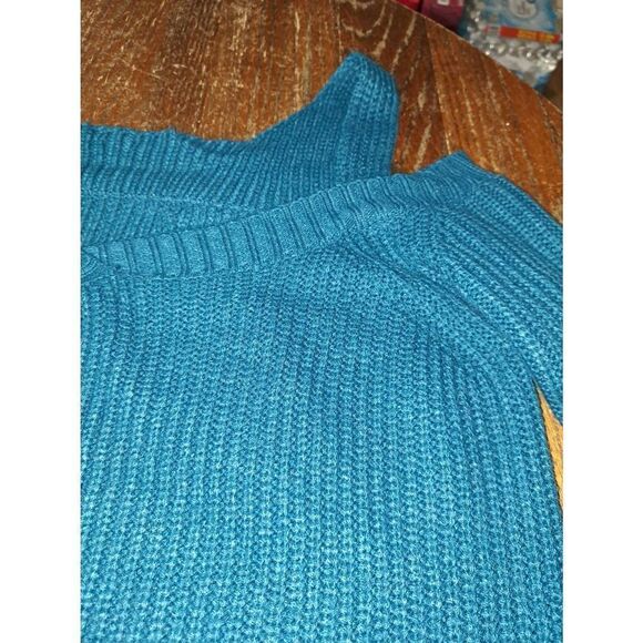 Medium Teal Cold Shoulder Long Sleeve Deep Vneck Oversized Pullover Knit Sweater - Picture 2 of 4